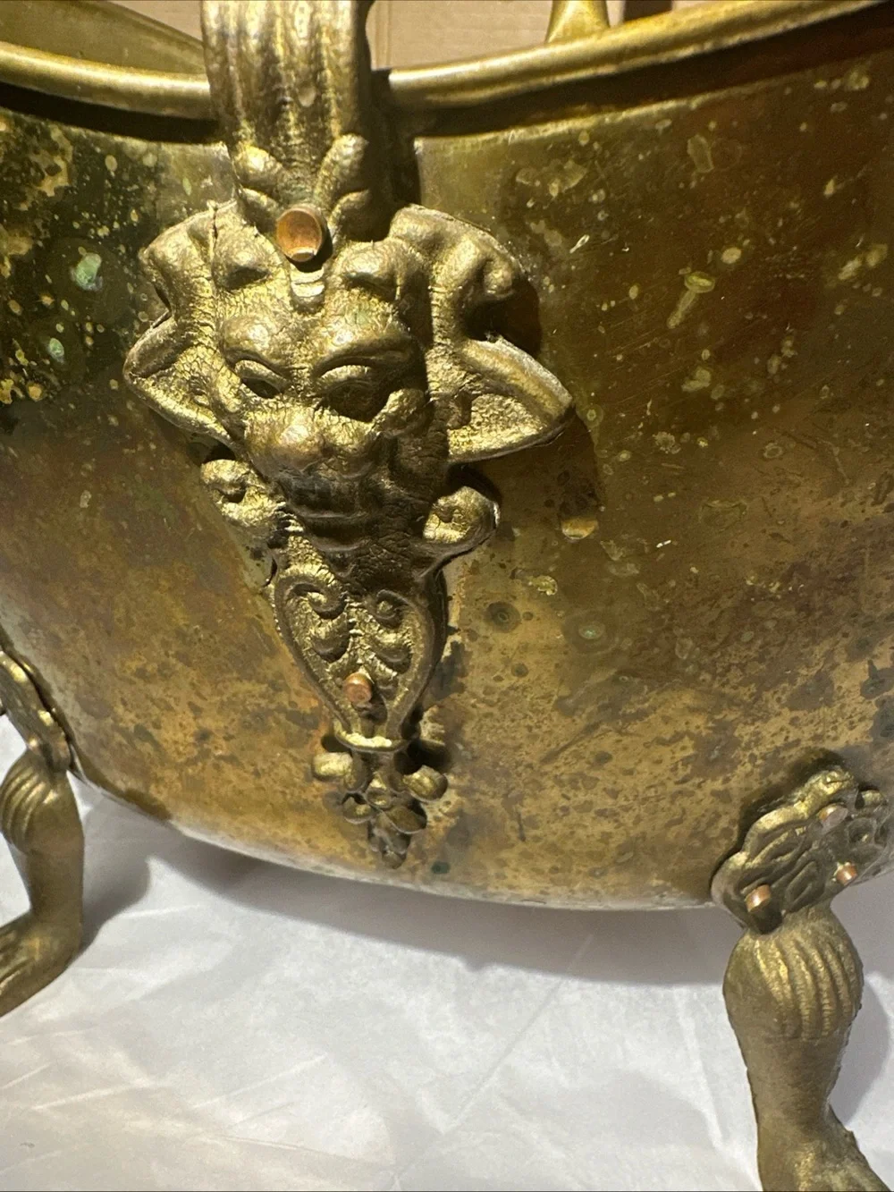 Solid copper and brass coal handle lions head footed made in Ireland 12”x13”x9”